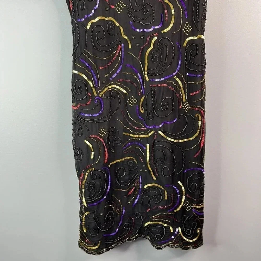 VINTAGE Glamour Silk Sequinned Beaded Dress Black Cocktail Shoulder Pads Size S - Picture 4 of 12